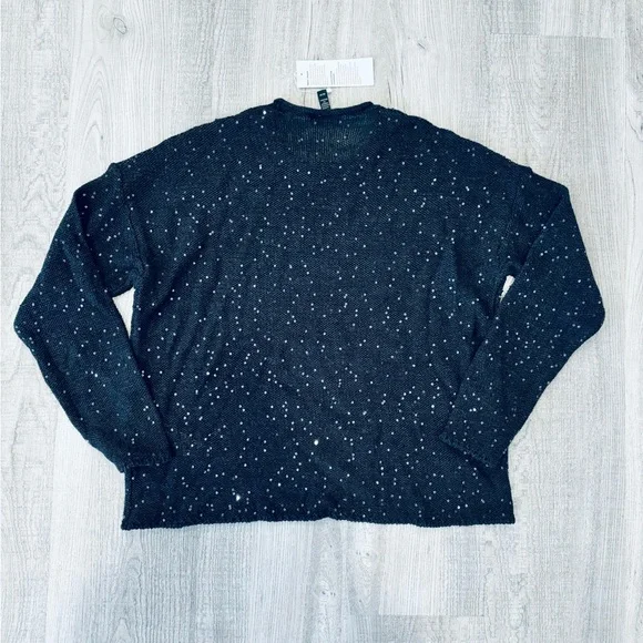 NWT Eileen Fisher Black Sequin Merino Wool Long Sleeve Crew Neck Sweater XS - Picture 9 of 9
